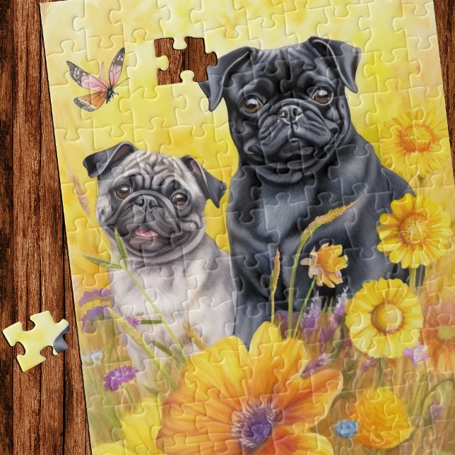 Mops Fawn Black Yellow Wildblumen Welpe Hund Lover Puzzle (Von Creator hochgeladen)