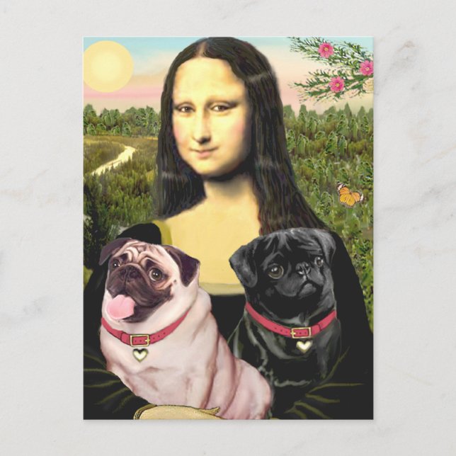 Mops (Fawn + Blk) - Mona Lisa Postkarte (Vorderseite)