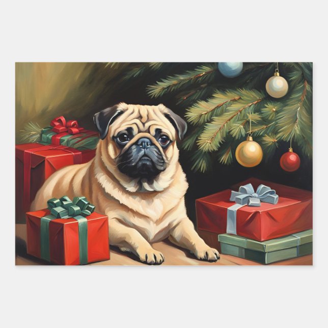 Mops feiert Weihnachten Geschenkpapier Set (Vorderseite)