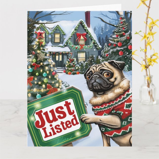 Mops Festlicher Spaß Realtor Weihnachten Karte (Gelbe Blume)