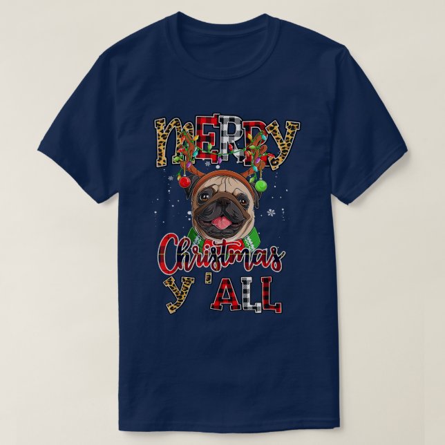 Mops Frohe Weihnachten Sie alle Pugmas Leopard Rei T-Shirt (Design vorne)