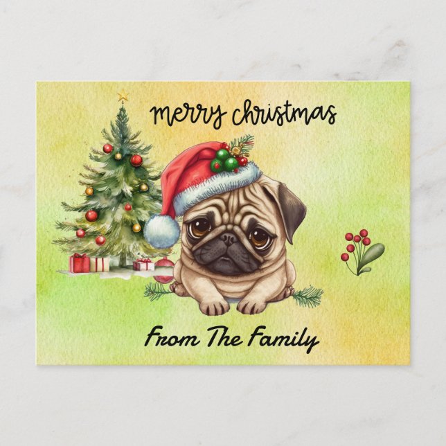 Mops Frohe Weihnachtswasserfarbe Postkarte (Vorderseite)