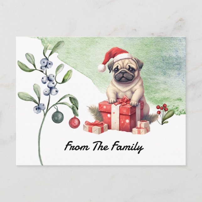 Mops Frohe Weihnachtswasserfarbe Postkarte (Vorderseite)