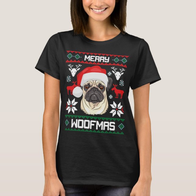 Mops fröhliches Woofmas WeihnachtsT - T-Shirt (Vorderseite)