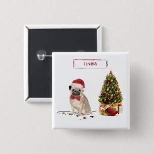 Mops Funny Christmas Dog mit Baum Button