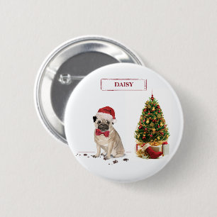 Mops Funny Christmas Dog mit Baum Button