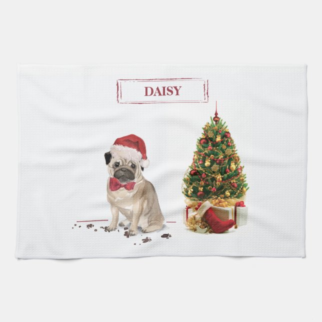 Mops Funny Christmas Dog mit Baum Geschirrtuch (Horizontal)