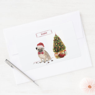 Mops Funny Christmas Dog mit Baum Rechteckiger Aufkleber