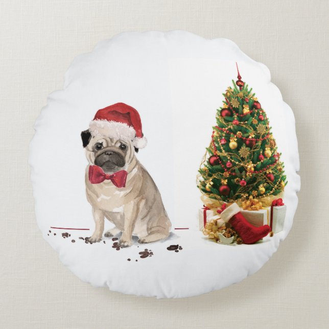 Mops Funny Christmas Dog mit Baum Rundes Kissen (Vorderseite)