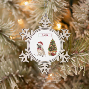 Mops Funny Christmas Dog mit Baum Schneeflocken Zinn-Ornament