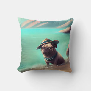 Mops genießt es am Strand Kunst zu malen Kissen