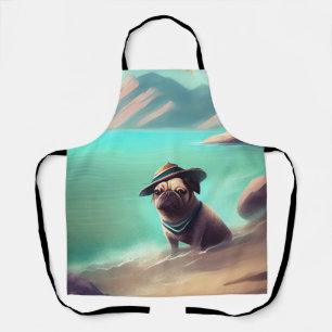 Mops genießt es am Strand Kunst zu malen Schürze