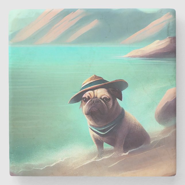 Mops genießt es am Strand Kunst zu malen Steinuntersetzer (Vorderseite)