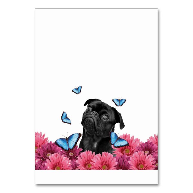 Mops Gerbera Butterflies | Niedlicher Schwarzhund Tischnummer (Vorderseite)