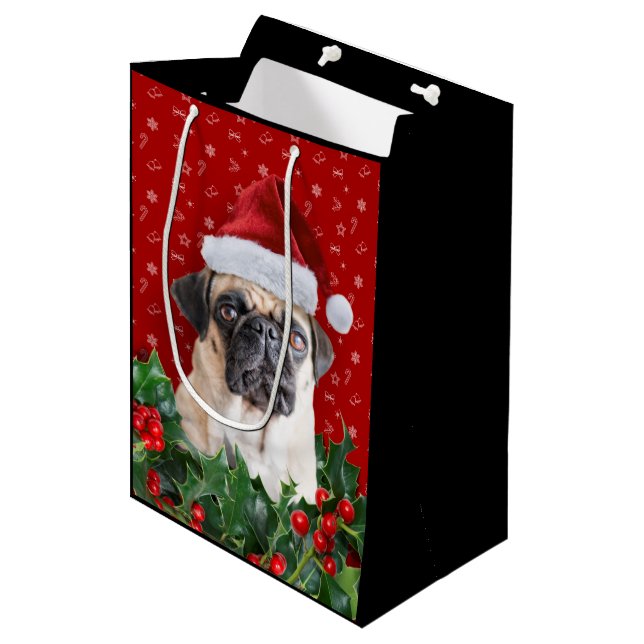Mops-Geschenk-Verpackungs-Taschen-Schwarzes Mittlere Geschenktüte (Vorderseite Schrägansicht)