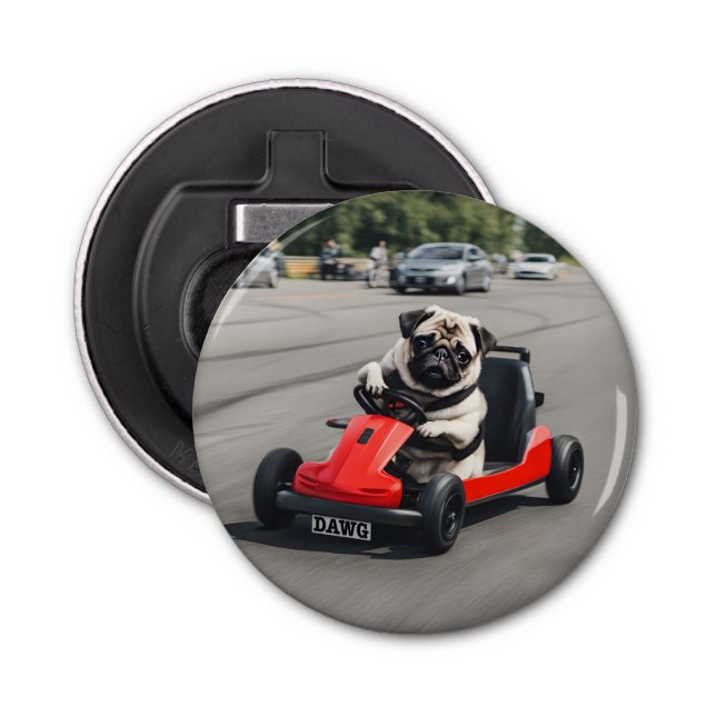 Mops-Go-Kart-Rennen Flaschenöffner (Vorderseite)