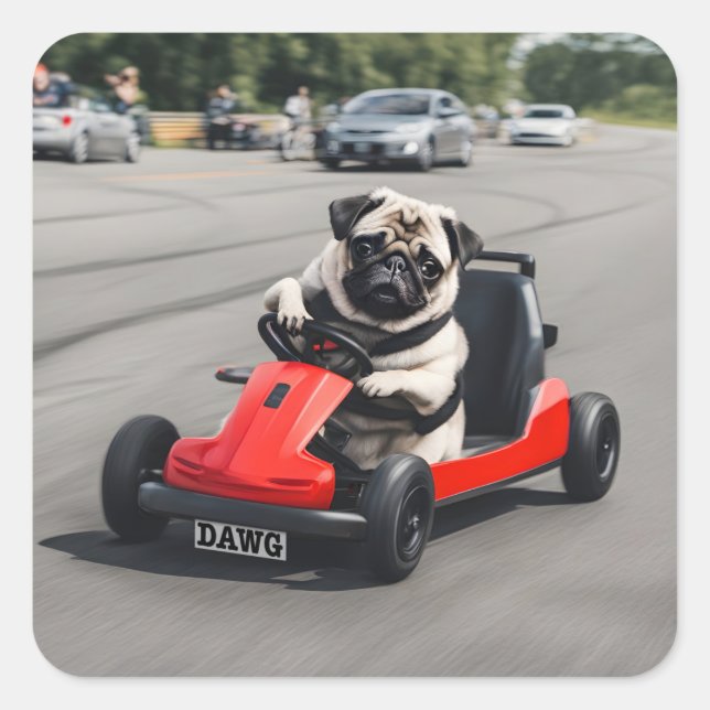 Mops-Go-Kart-Rennen Quadratischer Aufkleber (Vorderseite)