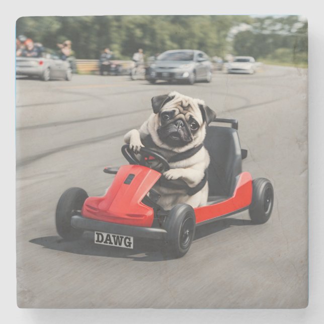 Mops-Go-Kart-Rennen Steinuntersetzer (Vorderseite)