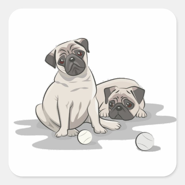 Mops-Gruppen-Cartoon Quadratischer Aufkleber (Vorderseite)