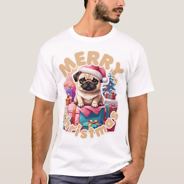 Mops Gruß frohe Weihnachten für ihn T-Shirt (Vorderseite)