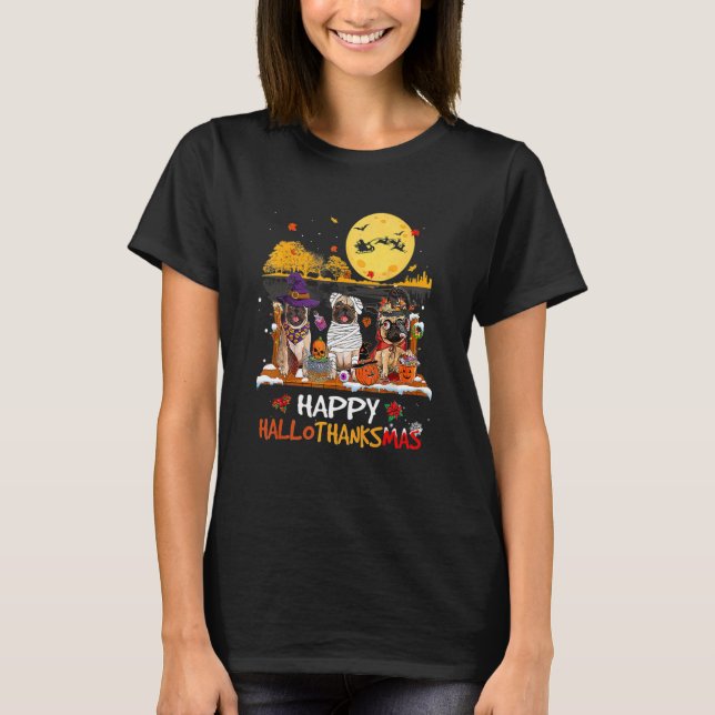 Mops Hallothanksmas Halloween Erntedank T-Shirt (Vorderseite)