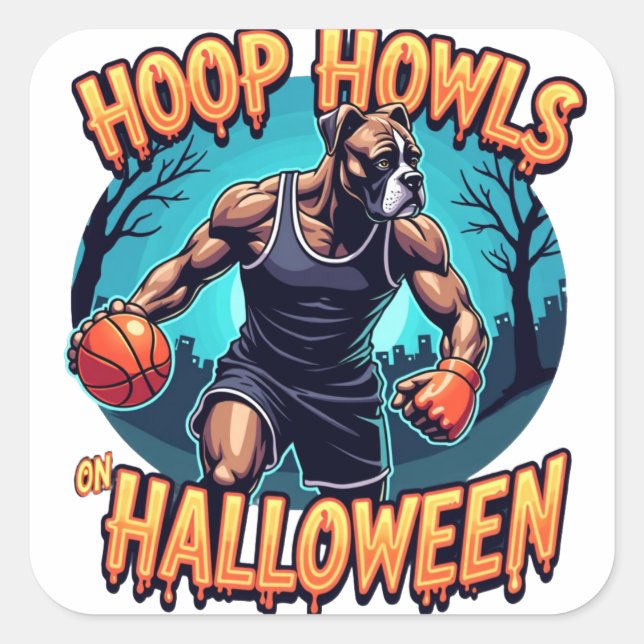 Mops Halloween-Basketball-Showdown Quadratischer Aufkleber (Vorderseite)
