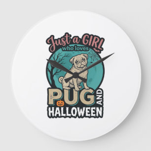 Mops-Halloween-Mädchen-Vintage-Vektordesign_1 Große Wanduhr