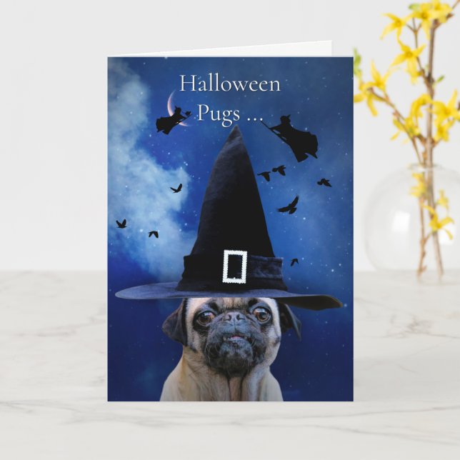 Mops Halloween Niedlich mit Hexen und Kisses Karte (Gelbe Blume)
