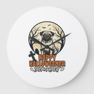 Mops Halloween-Süßigkeiten oder Saures Vintage-Eng Große Wanduhr
