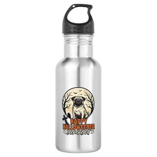 Mops Halloween-Süßigkeiten oder Saures Vintage-Sti Edelstahlflasche (Vorderseite)