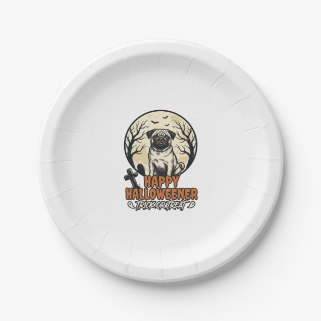 Mops Halloween-Süßigkeiten oder Saures Vintage-Sti Pappteller (Vorderseite)