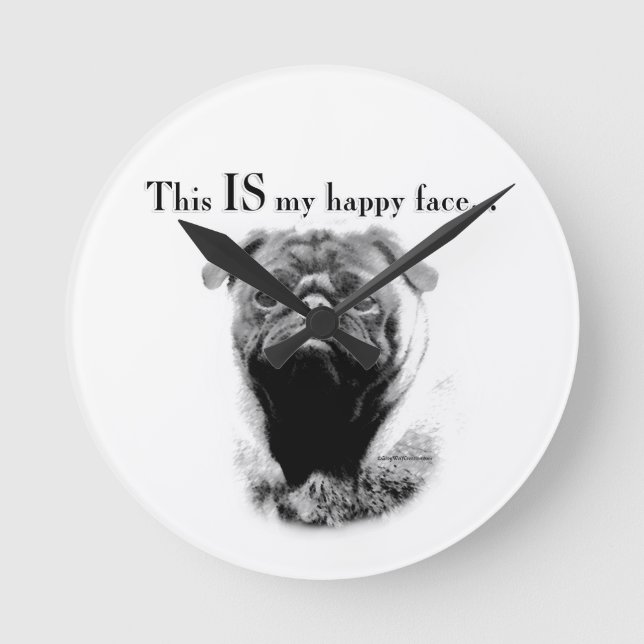 Mops Happy Face Runde Wanduhr (Vorderseite)