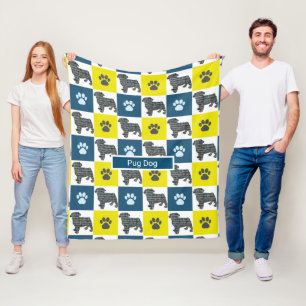 Mops Haustier Hund & Paw Print Yellow Grid Silhoue Fleecedecke