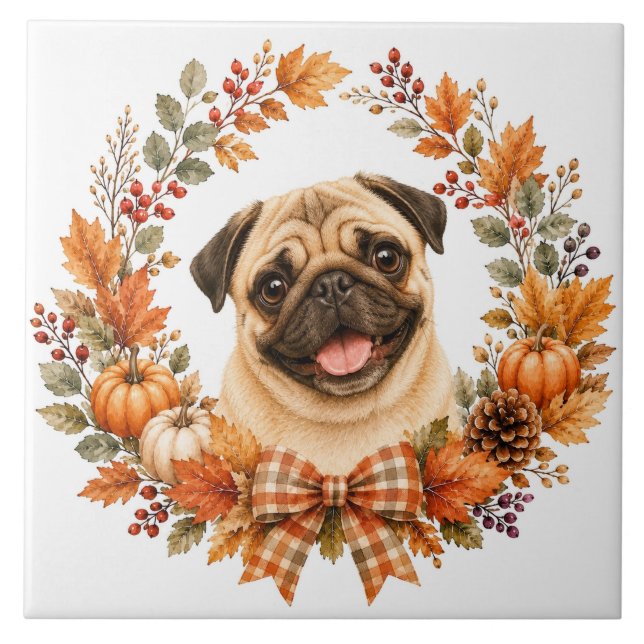 Mops Herbstkranz Fliese (Vorderseite)
