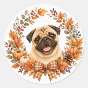 Mops-Herbstkranz Runder Aufkleber