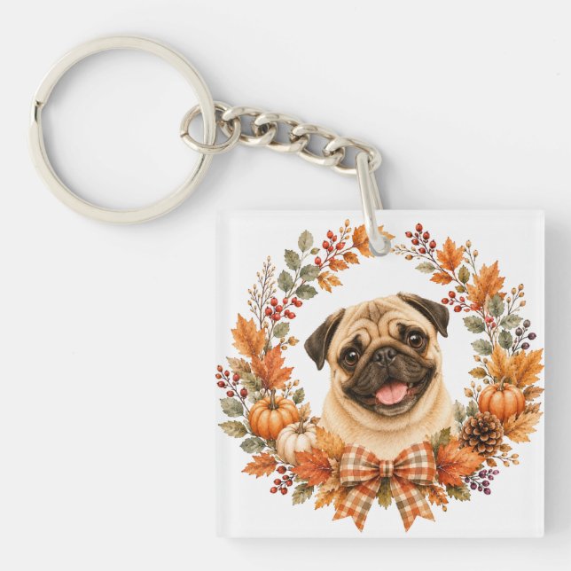 Mops Herbstkranz Schlüsselanhänger (Vorderseite)