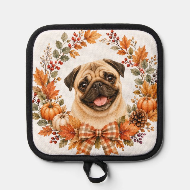 Mops Herbstkranz Topflappen (Vorderseite)