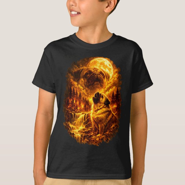 Mops heult zum Mond dramatischer Vollmond  T-Shirt (Vorderseite)