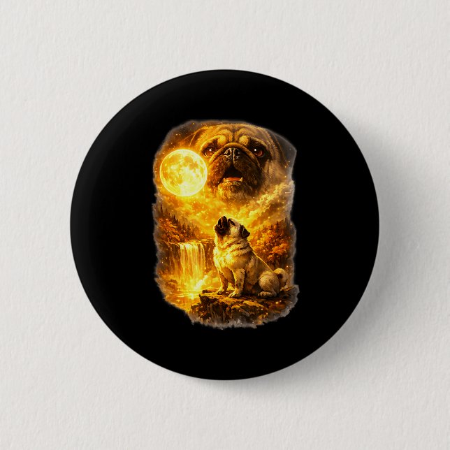 Mops heult zum Mond epischer Wald Fantasy  Button (Vorderseite)