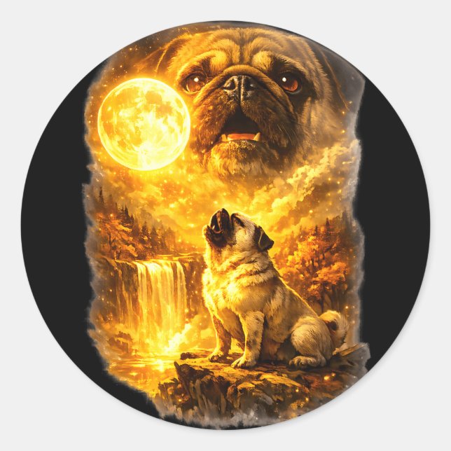 Mops heult zum Mond epischer Wald Fantasy  Runder Aufkleber (Vorderseite)
