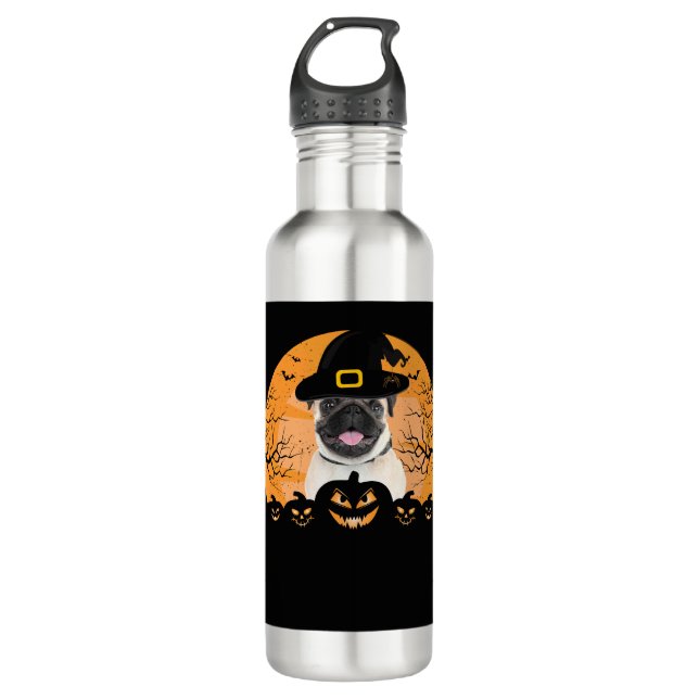 Mops Hexenhut Jack-o-Lantern Hunde Halloween T-Shi Edelstahlflasche (Vorderseite)