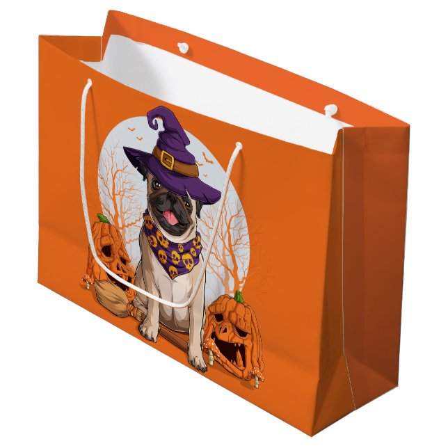 Mops Hexenmeister Halloween Große Geschenktüte (Vorderseite Schrägansicht)