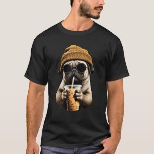 Mops-Hipster-Hund trinkt Eiskaffee Sonnenbrille T-Shirt