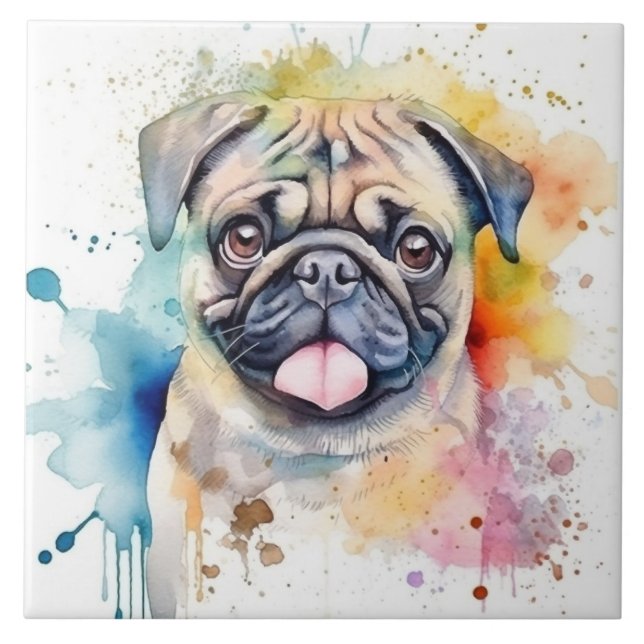 Mops-Hund-Aquarell Fliese (Vorderseite)