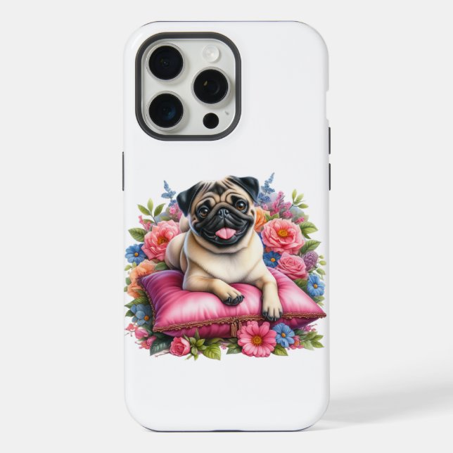 Mops Hund auf einem Kissen mit Blume in Wasserfarb iPhone Hülle (Rückseite)