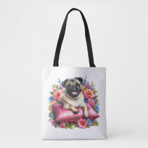 Mops-Hund auf einem Kissen mit Blumen in Wasserfar