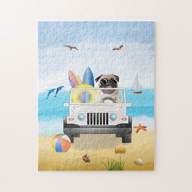 Mops Hund fahren am Strand Puzzle (Vertikal)