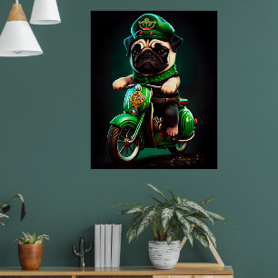 Mops-Hund fährt Fahrrad am St. Patrick's Day Poster