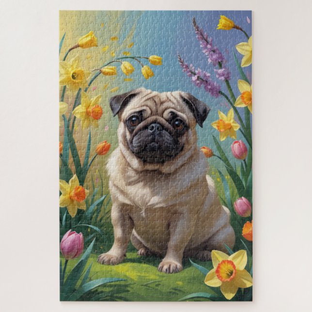 Mops-Hund Frühlingsblumen Malerei Puzzle (Vertikal)