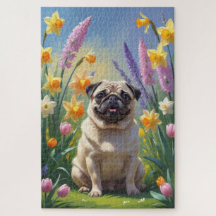 Mops-Hund-Frühlingsblumen-Malerei Puzzle